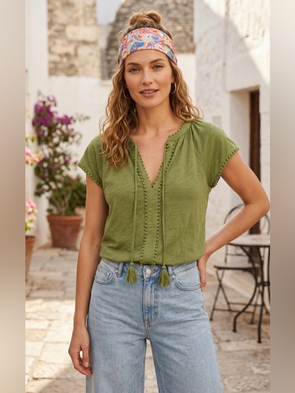 Boden Olive Green Pom-Pom Trim‎ Blouse - Size 8 | Boho Tassel Tie V-Neck Top